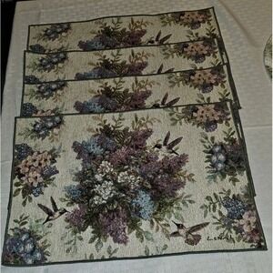 Lena Liu Set Of‎ 4 Hummingbird Floral Tapestry Whisper Wings Placemats Signed